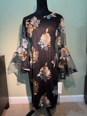 Calvin Klein Black Floral Dress NWT Sheer Lace Back Zipper Size 10